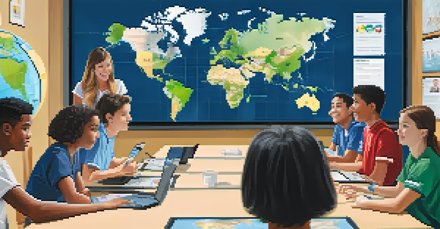 Students in a classroom participating in a virtual exchange program, discussing cultural differences with peers from another country.