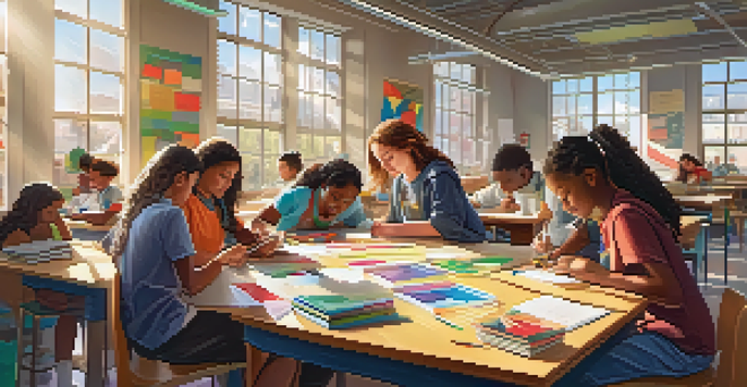 A diverse group of students collaborating in a bright classroom, working on a science project with beakers and papers, illuminated by sunlight.