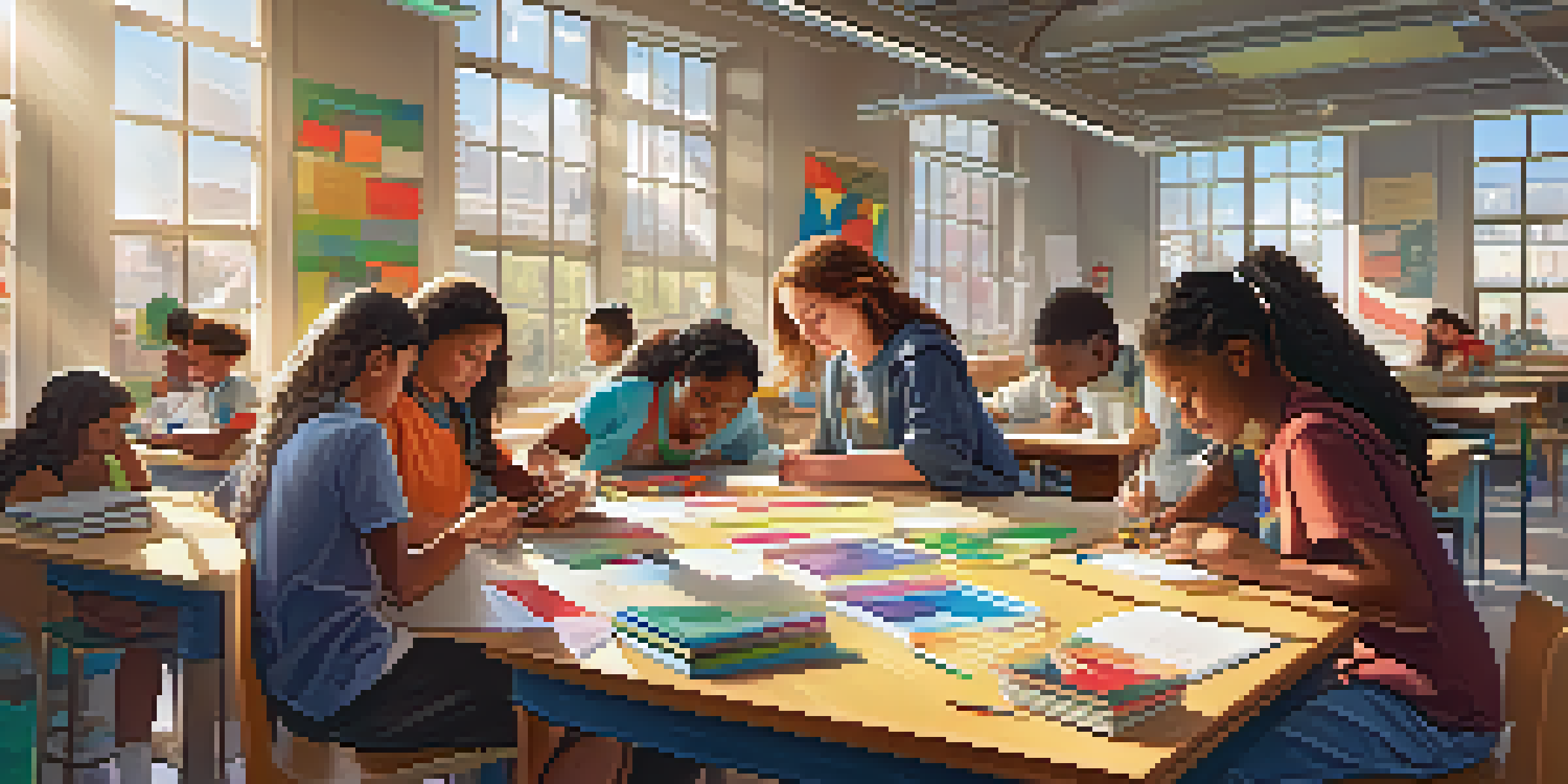A diverse group of students collaborating in a bright classroom, working on a science project with beakers and papers, illuminated by sunlight.