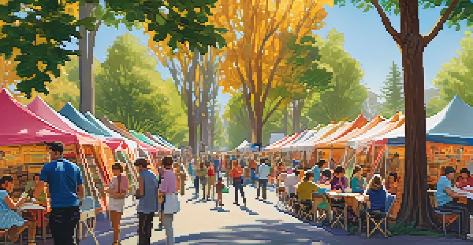 An outdoor literary festival with colorful tents, authors signing books, and families enjoying the event in a sunny park setting.