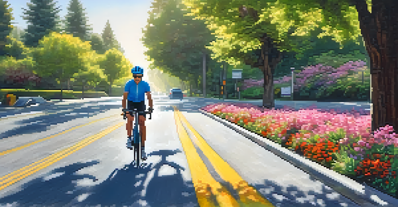 A cyclist riding on a dedicated bike lane, surrounded by flowers and trees in a sunny Redwood City, promoting eco-friendly transportation.