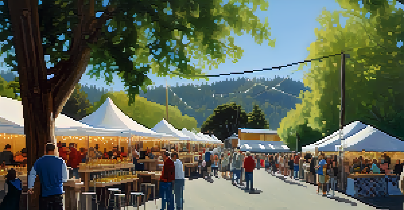 A vibrant wine festival in Redwood with stalls of wine tastings and handmade crafts, filled with people enjoying the event.