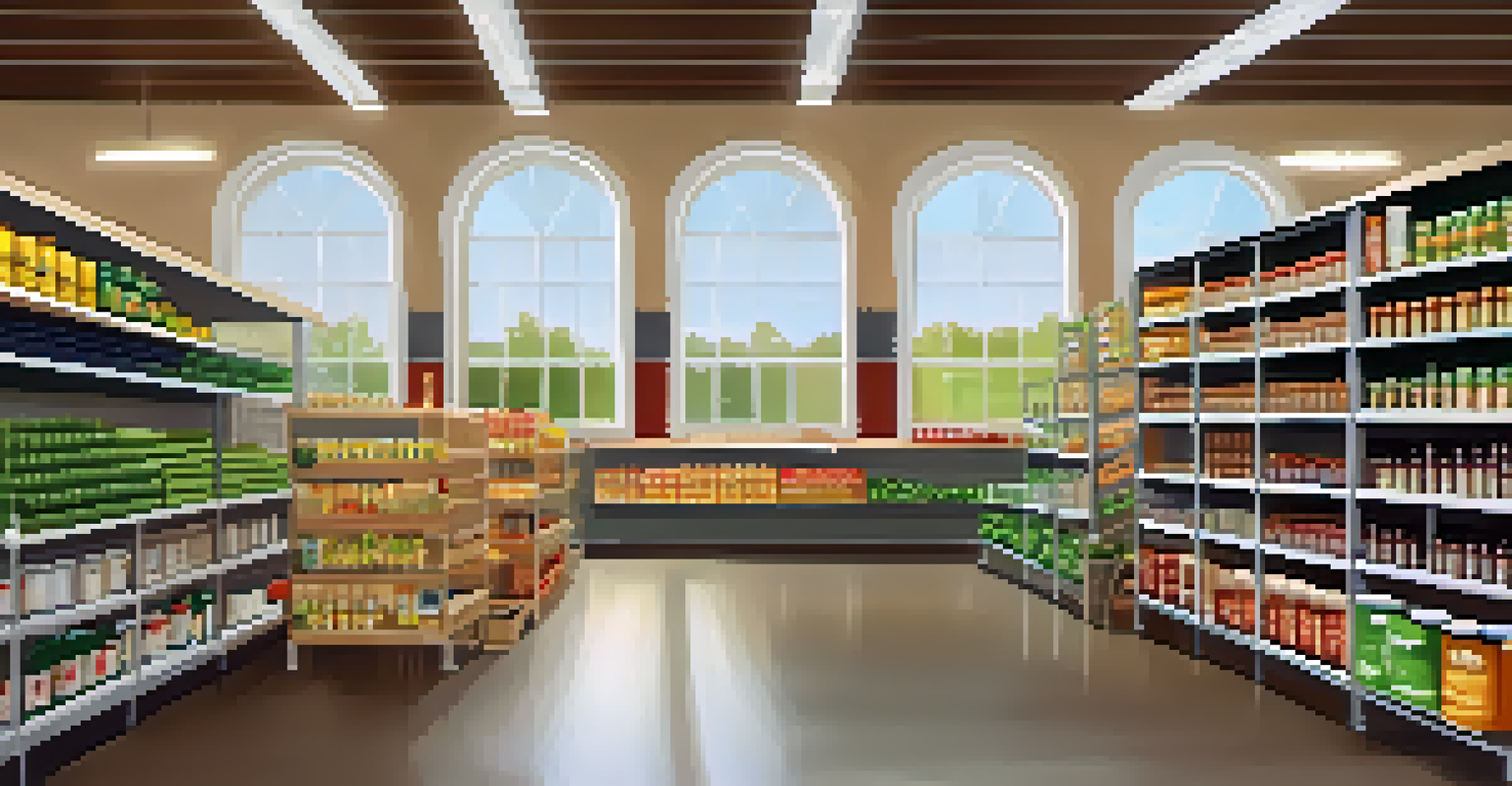 The interior of a food bank with shelves of food and volunteers assisting families.