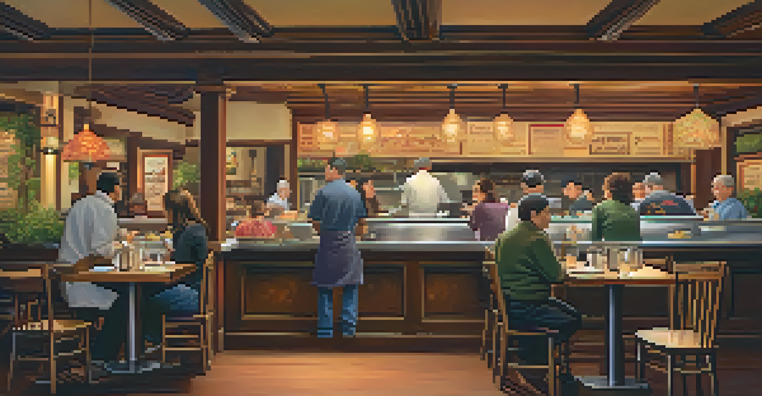 A warm and inviting family-run restaurant in Redwood City, with diners enjoying traditional dishes and a chef cooking in an open kitchen, decorated with cultural elements.