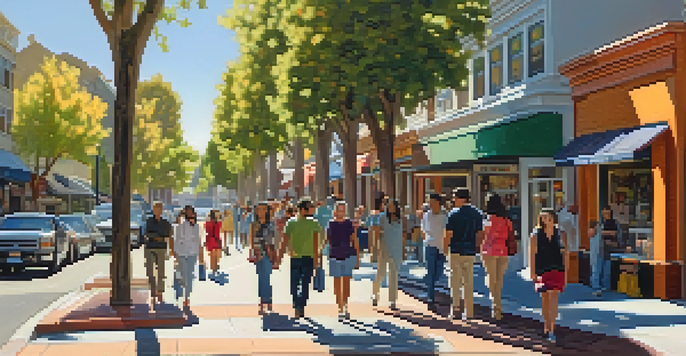 A diverse group of people walking on a sunny tree-lined street, with wide sidewalks and colorful shops, fostering a sense of community.