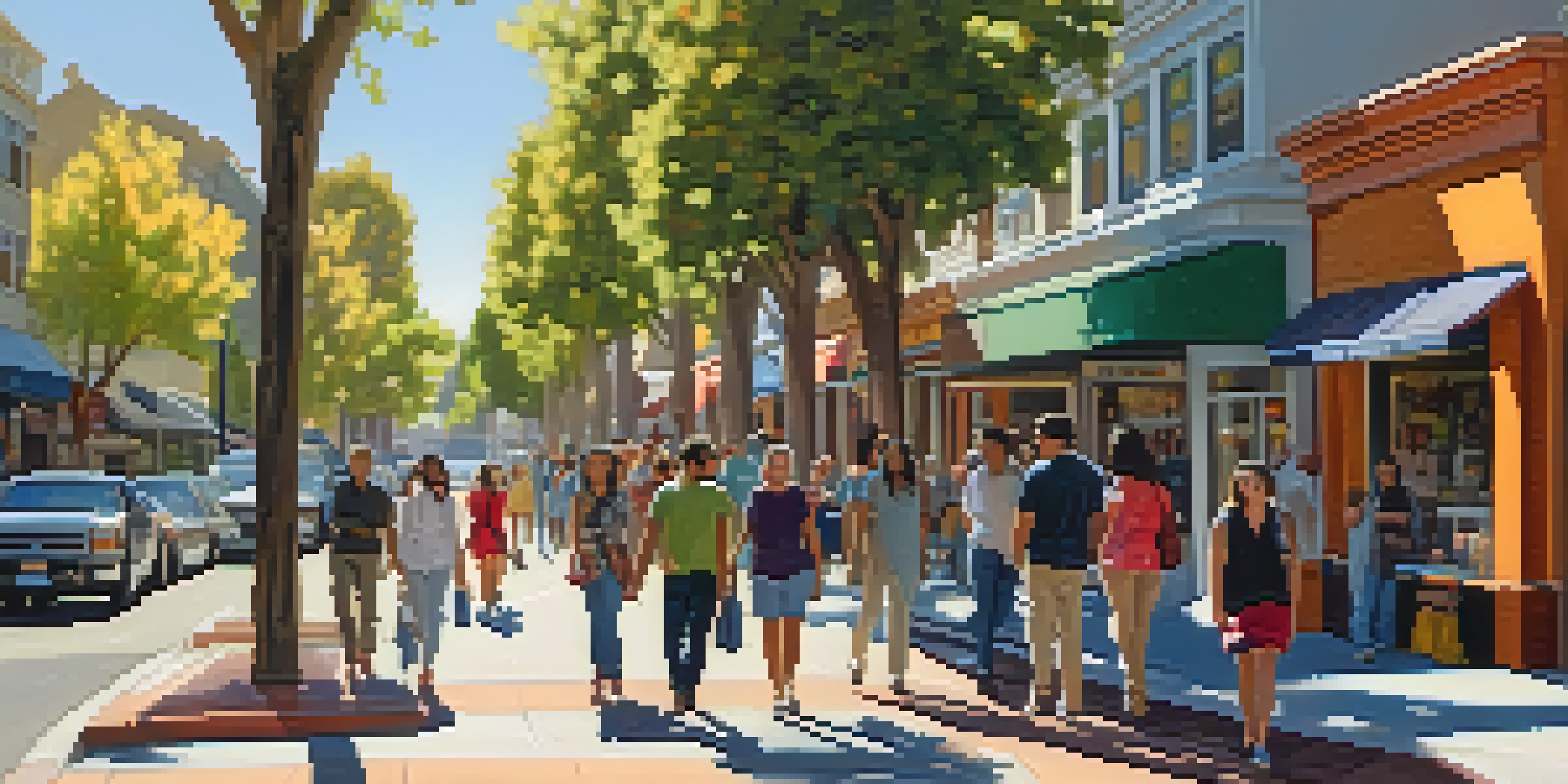 A diverse group of people walking on a sunny tree-lined street, with wide sidewalks and colorful shops, fostering a sense of community.
