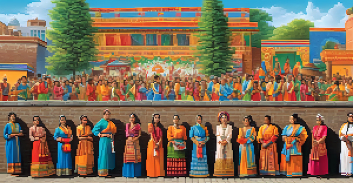 A colorful mural illustrating a cultural celebration with people in traditional attire and festive decorations in an urban setting.