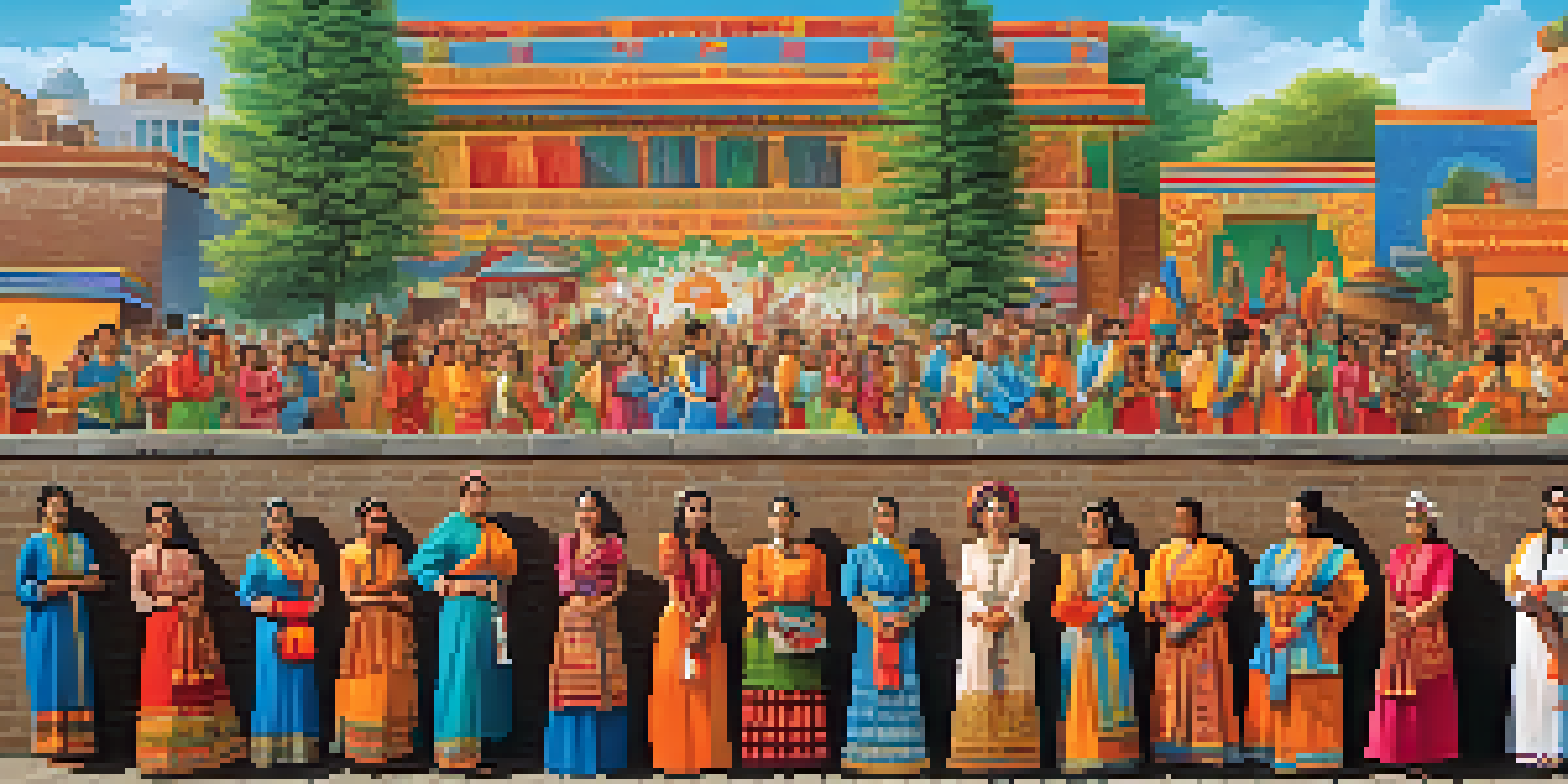 A colorful mural illustrating a cultural celebration with people in traditional attire and festive decorations in an urban setting.