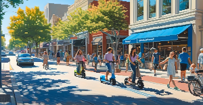 A lively urban street in Redwood City filled with pedestrians, cyclists, and outdoor cafes, surrounded by greenery and bright sunlight.