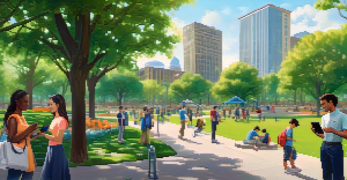 A park filled with diverse people using smartphones, with a government building in the background.