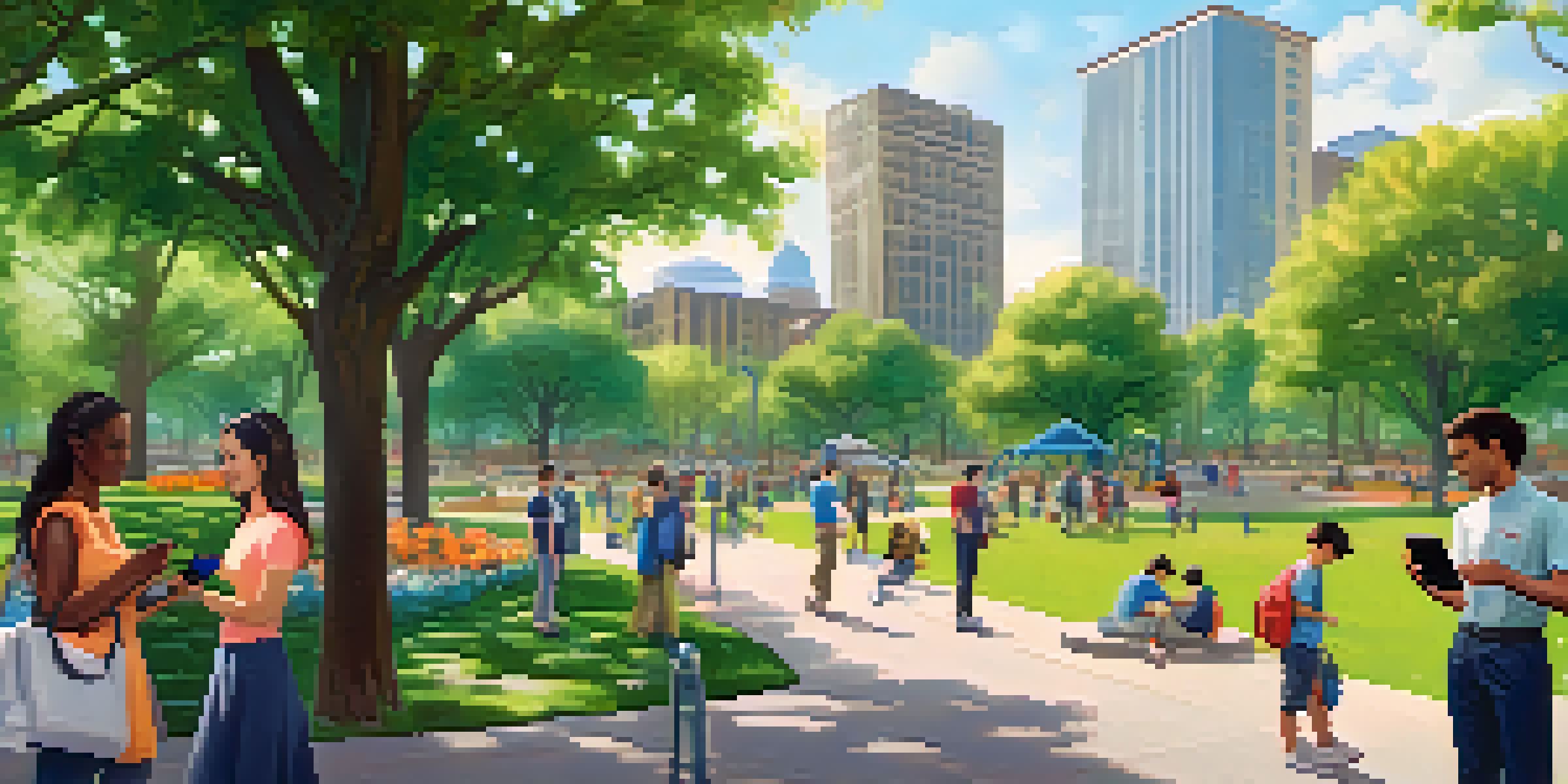 A park filled with diverse people using smartphones, with a government building in the background.