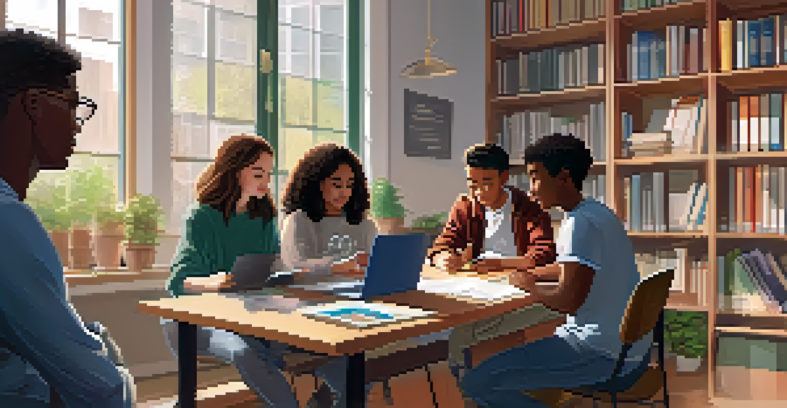 Diverse students working together on a project using a laptop in a cozy study area.