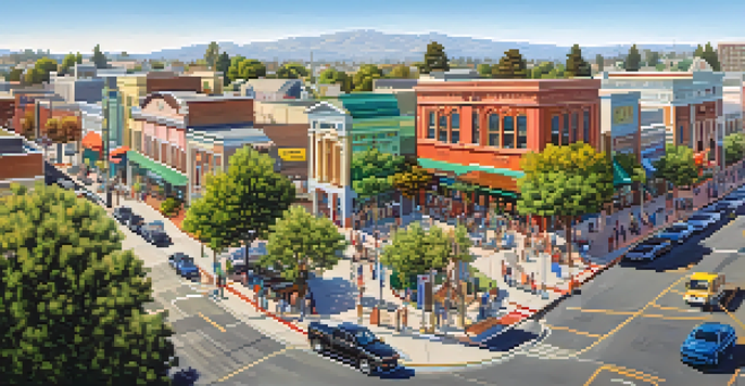 A vibrant downtown area of Redwood City with colorful restaurants and bustling streets, surrounded by parks under a clear blue sky.