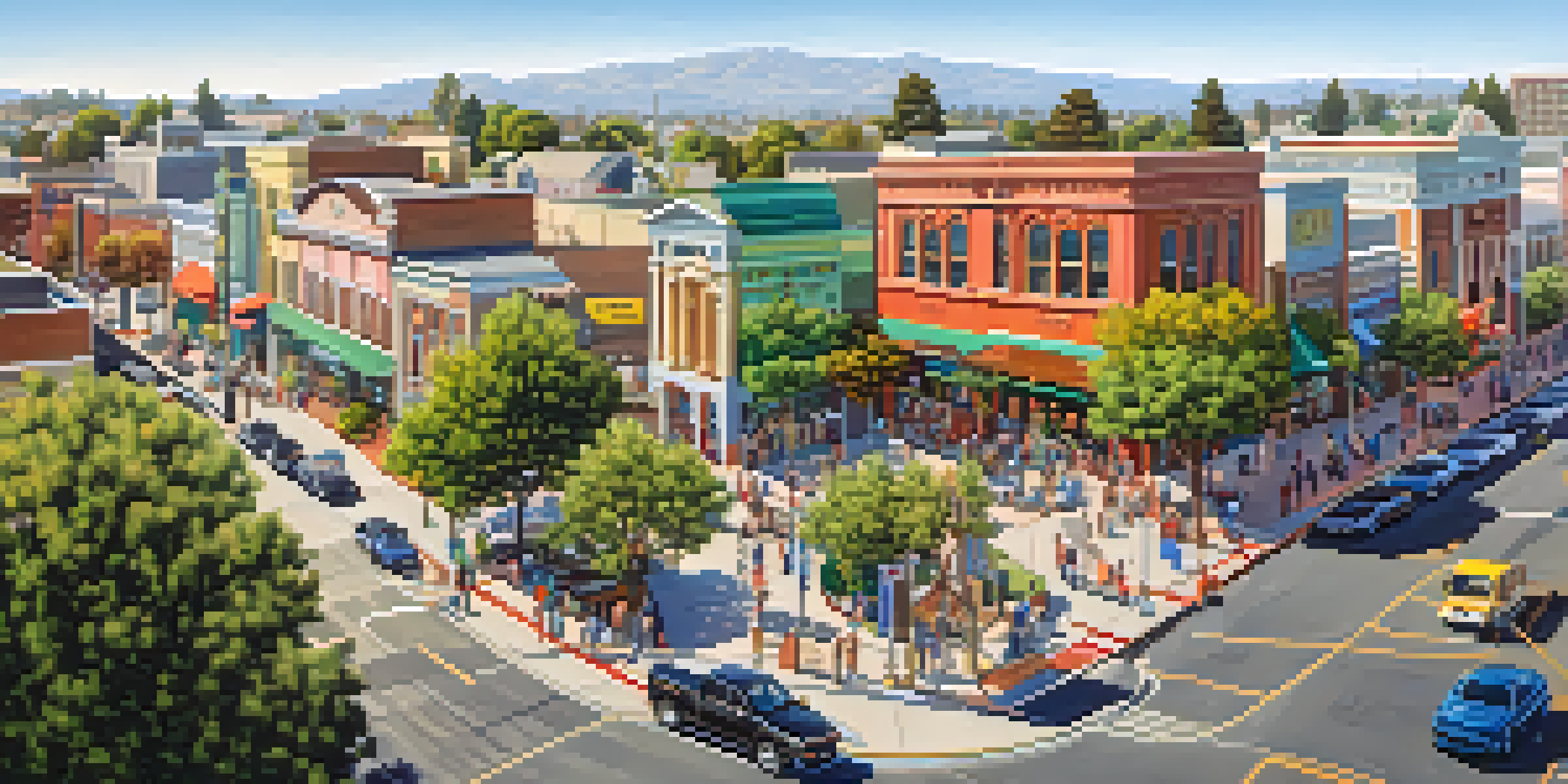 A vibrant downtown area of Redwood City with colorful restaurants and bustling streets, surrounded by parks under a clear blue sky.