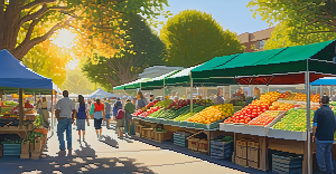 A bustling farmers market with fresh fruits and vegetables, people shopping, and a sunny atmosphere.