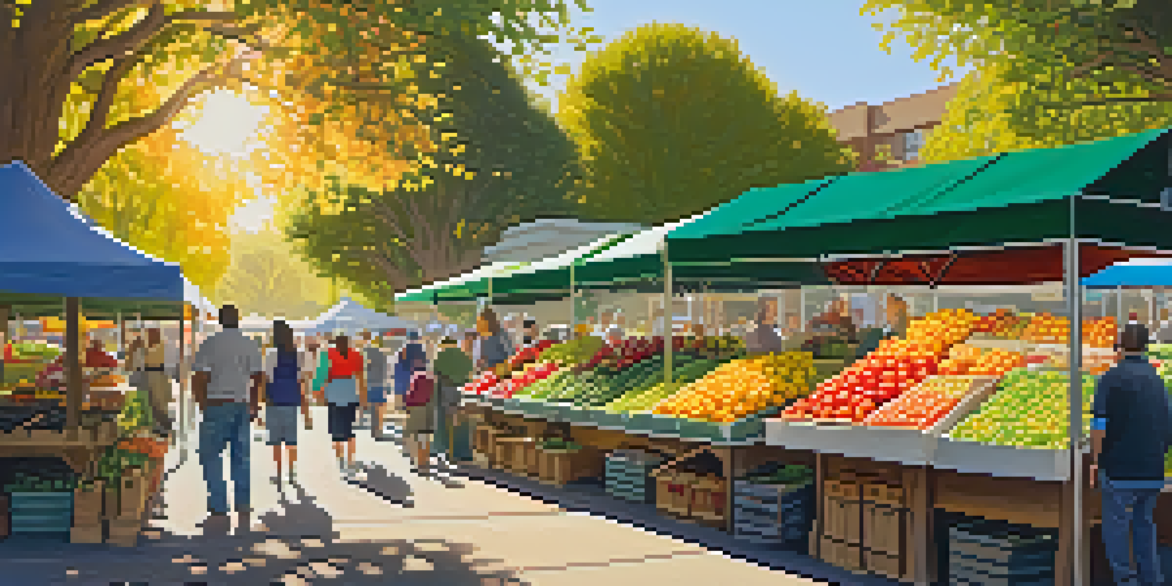 A bustling farmers market with fresh fruits and vegetables, people shopping, and a sunny atmosphere.