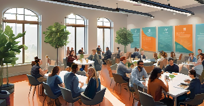 A lively networking event in Redwood City with diverse entrepreneurs discussing ideas in a modern, well-lit room.