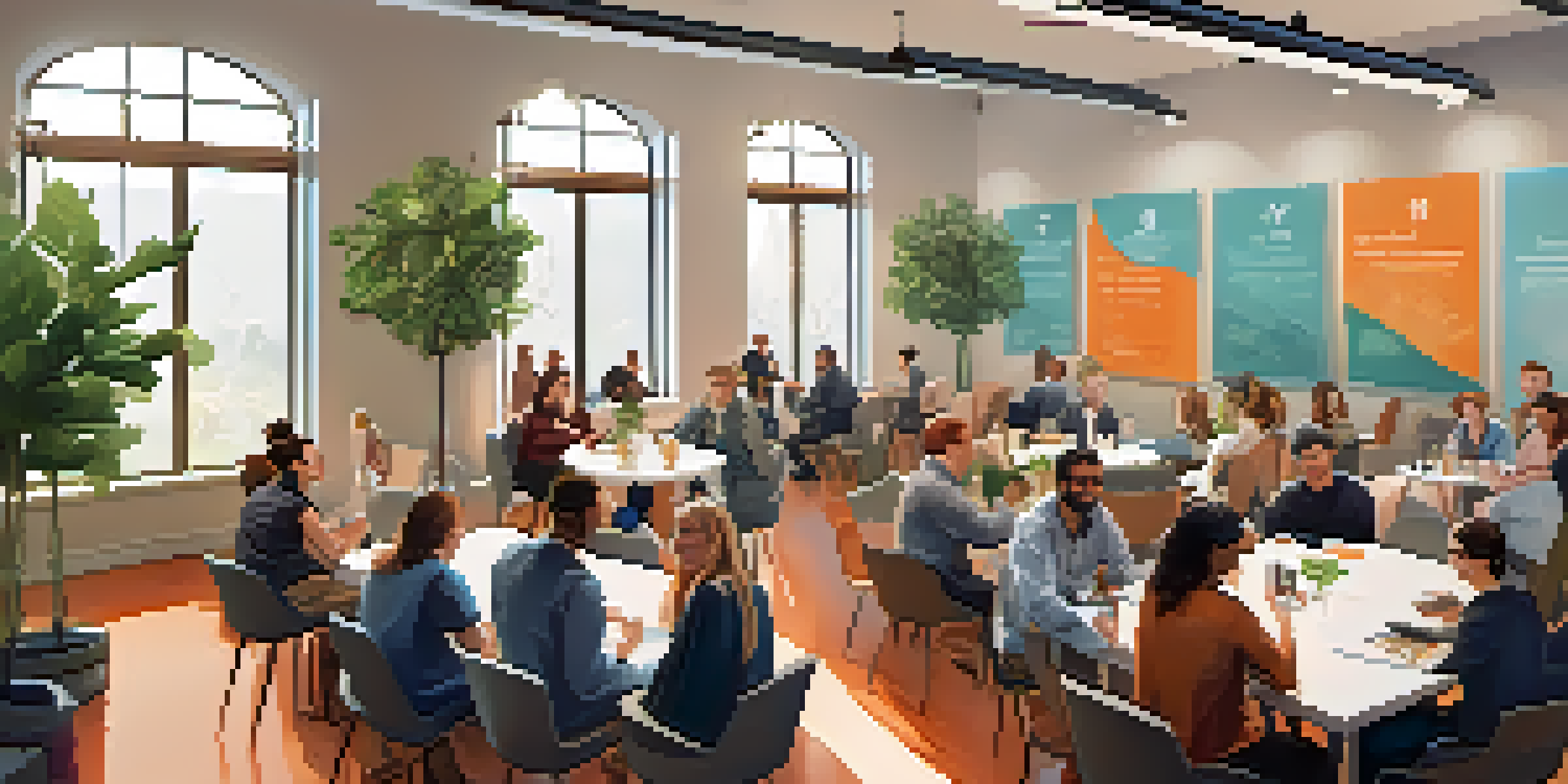 A lively networking event in Redwood City with diverse entrepreneurs discussing ideas in a modern, well-lit room.