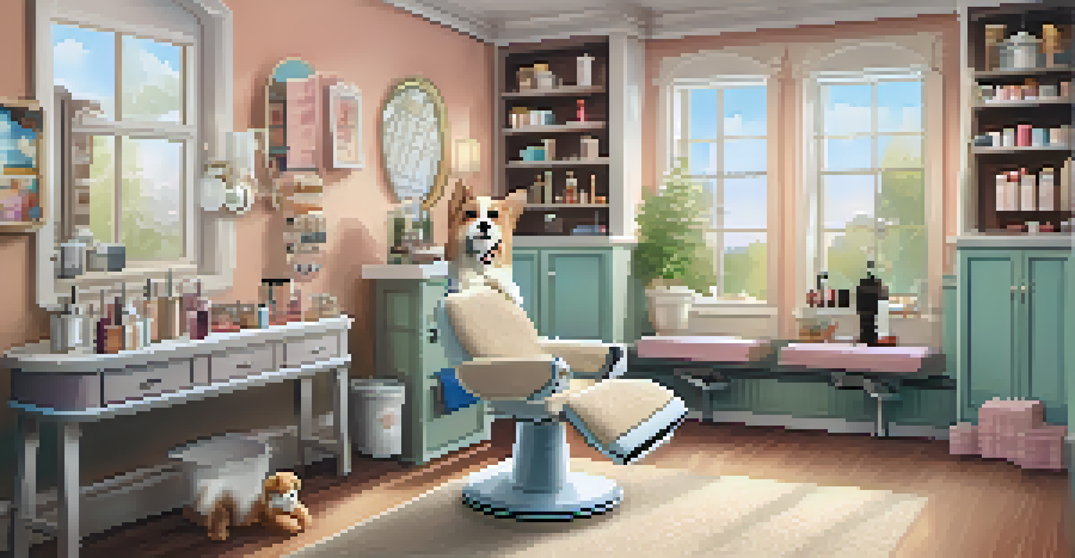 A grooming salon with a groomer pampering a fluffy dog on a grooming table, surrounded by soft colors and calming decor.