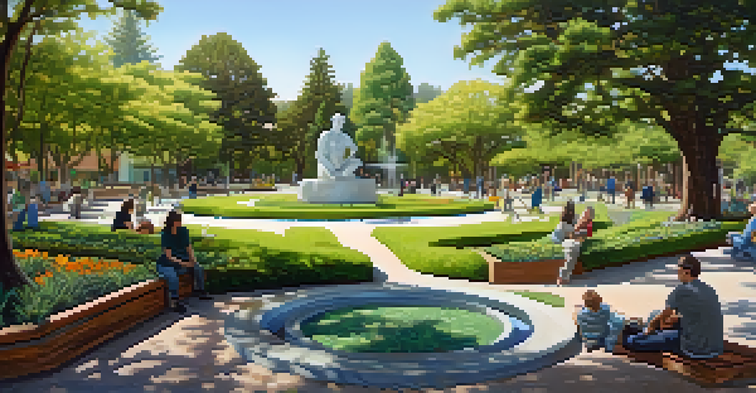 A sculptor working on a large installation in a park, surrounded by greenery and various recycled art pieces.