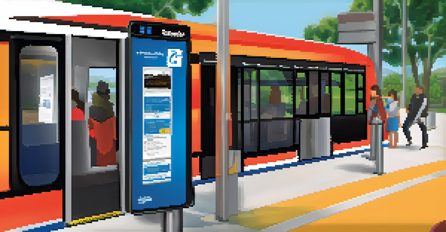A close-up of a fare machine at a SamTrans bus stop, with tactile guidance strips and people boarding in the background.