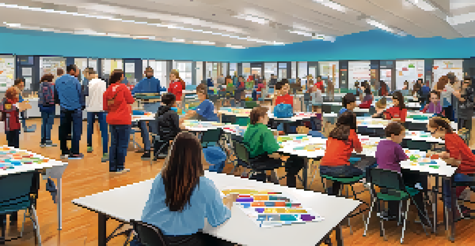 A community center filled with students and mentors participating in an educational partnership event, showcasing technology and collaborative projects.