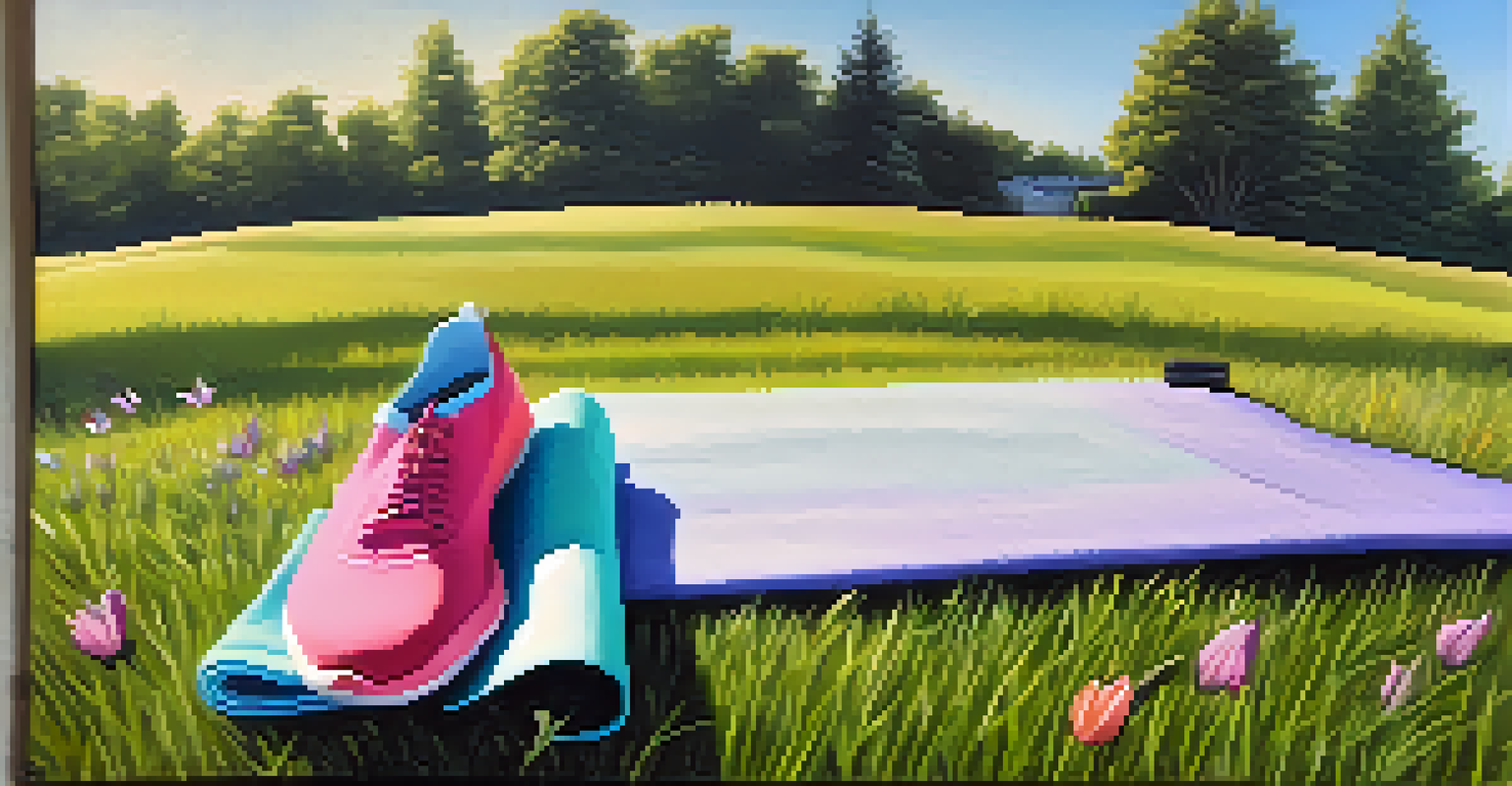 A yoga mat on grass with a water bottle and yoga shoes nearby, set in a colorful park filled with flowers and trees.