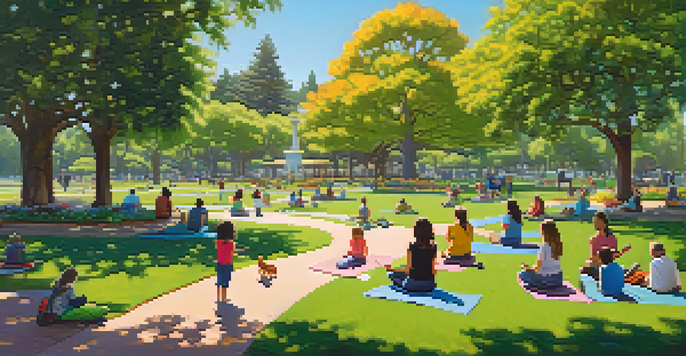 A lively urban park filled with diverse groups of people enjoying activities like yoga, playing, and picnicking under tall trees and colorful flowers.