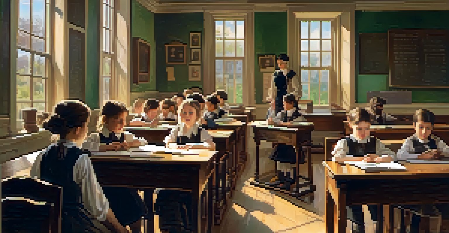 A female educator teaching a diverse group of children in a late 19th century classroom, filled with wooden desks and sunlight.