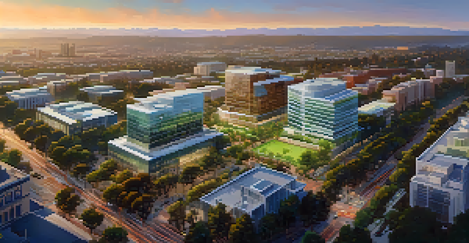 Aerial view of Redwood City with modern office buildings and green spaces, illuminated by sunset light.