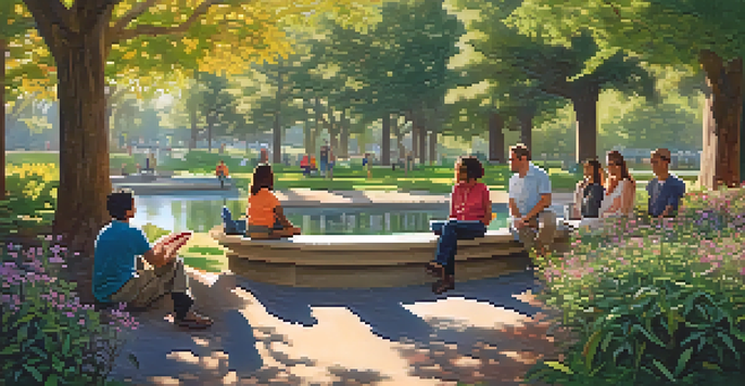 A diverse group of people sitting in a circle in a park for a support group meeting, with trees and flowers around them.