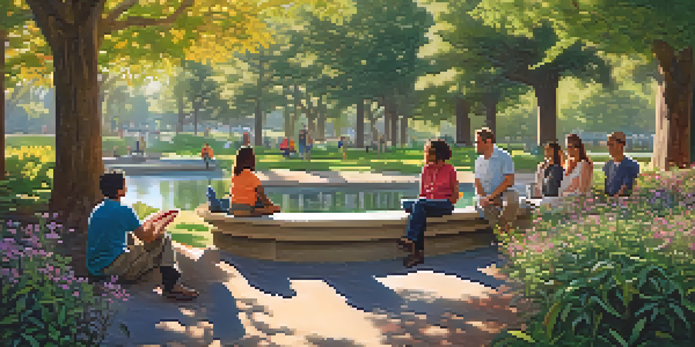A diverse group of people sitting in a circle in a park for a support group meeting, with trees and flowers around them.
