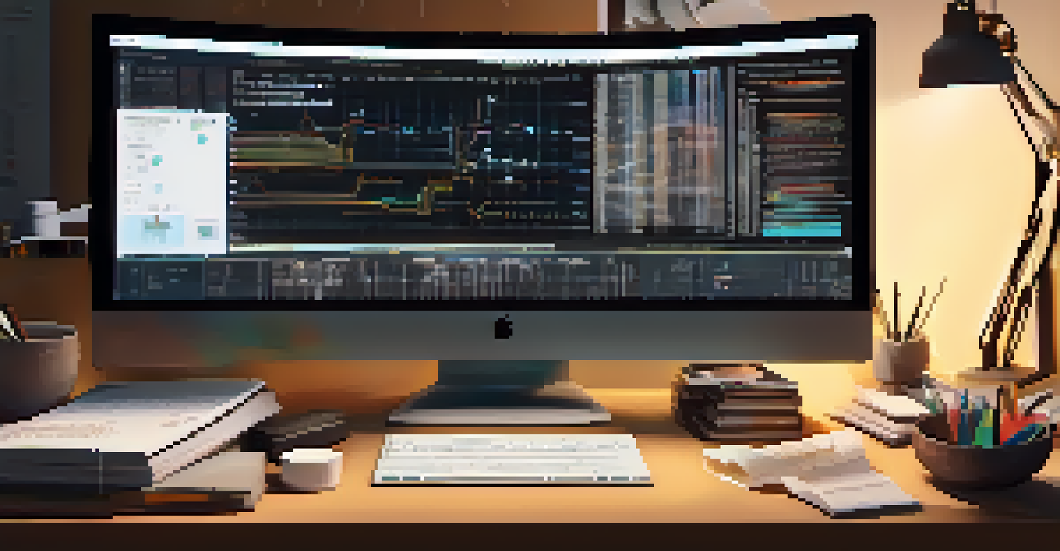A cluttered desk with a computer screen showing AI algorithms and data visualizations, illuminated by a warm desk lamp.