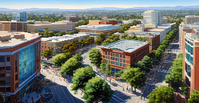 A panoramic view of Redwood City featuring modern tech buildings and people collaborating outdoors under a clear blue sky.