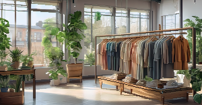 Interior of a sustainable fashion boutique with eco-friendly clothing and natural decor.