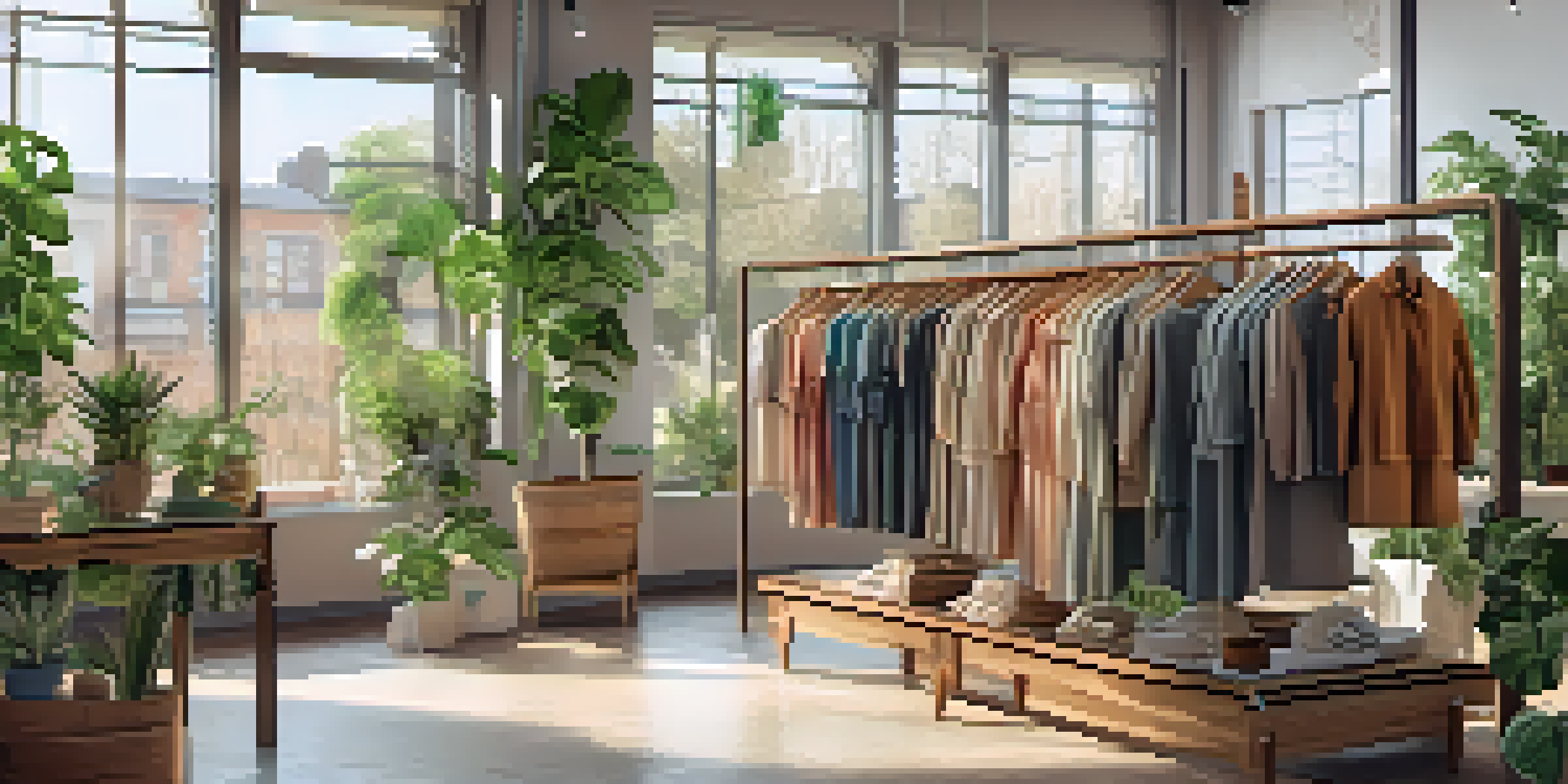 Interior of a sustainable fashion boutique with eco-friendly clothing and natural decor.