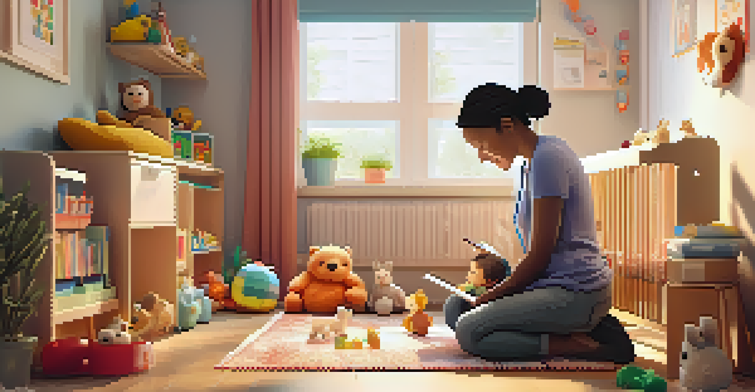 A nurturing childcare provider reading a storybook to a young child in a cozy home setting filled with toys and soft lighting.