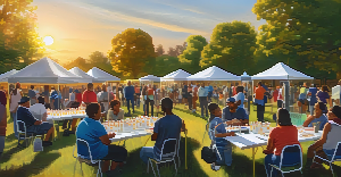 A diverse group of community members participating in a disaster preparedness workshop in a park during sunset.