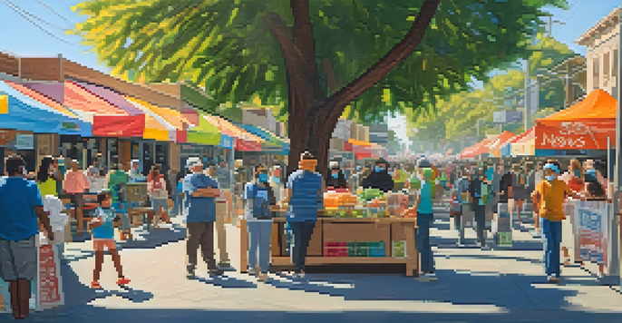 A vibrant street scene in Redwood City during the pandemic, with residents wearing masks participating in a food drive and engaging with each other.