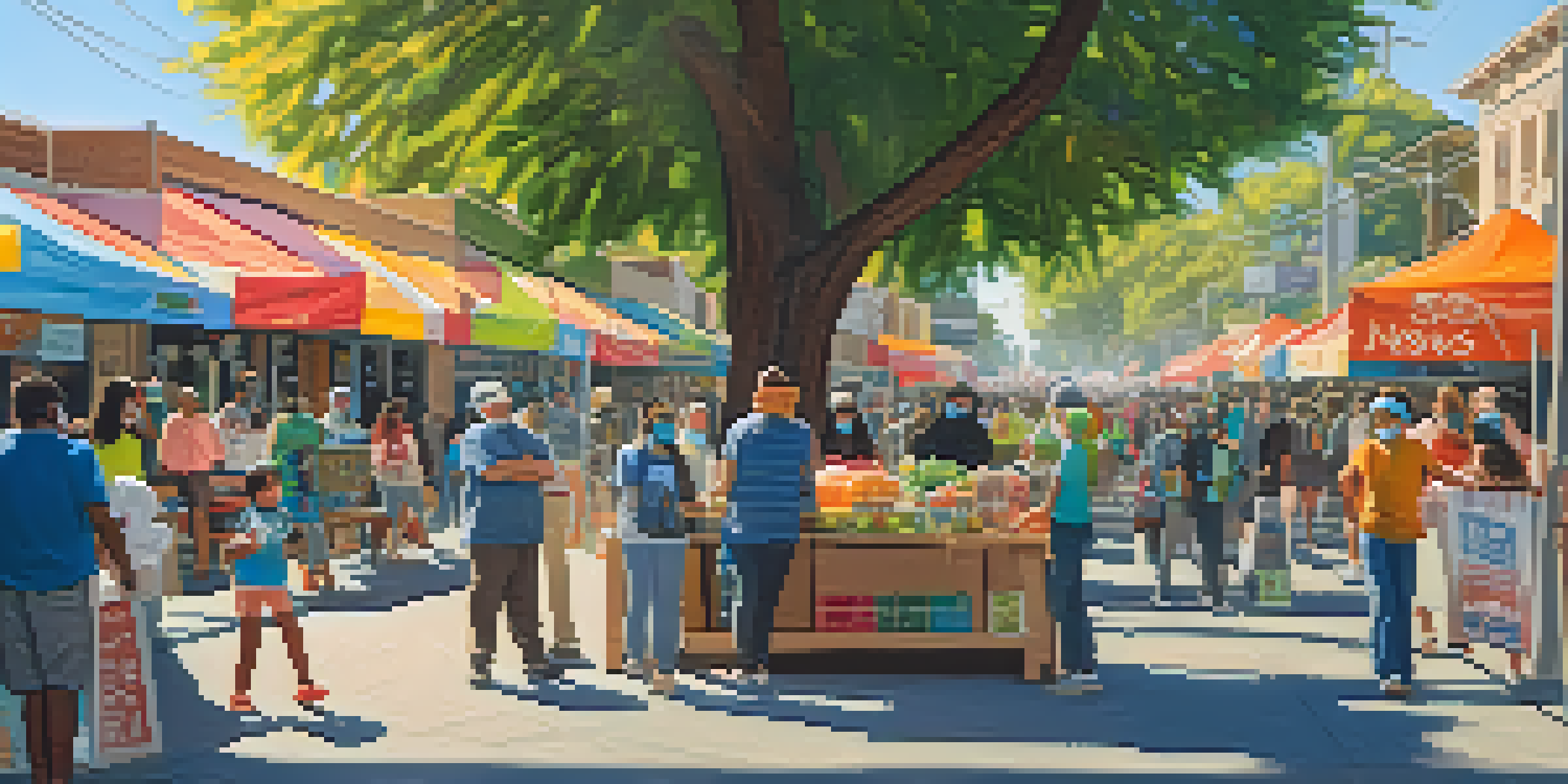 A vibrant street scene in Redwood City during the pandemic, with residents wearing masks participating in a food drive and engaging with each other.