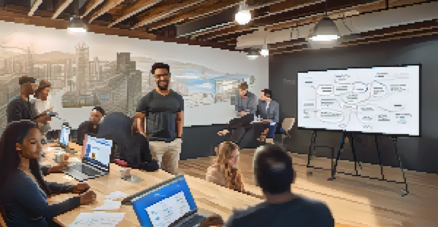 A group of diverse entrepreneurs brainstorming in a modern startup workspace with sketches and tech gadgets around them.