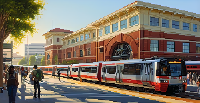 A busy Caltrain station in Redwood City with commuters boarding trains, modern buildings, and greenery, illuminated by warm golden hour sunlight.