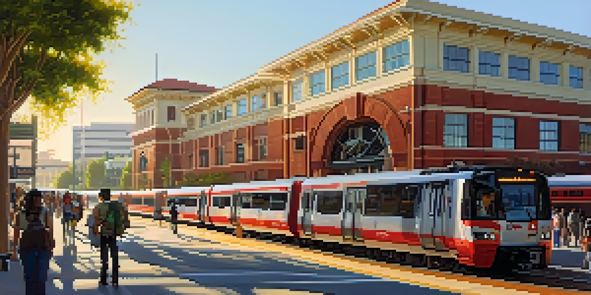 A busy Caltrain station in Redwood City with commuters boarding trains, modern buildings, and greenery, illuminated by warm golden hour sunlight.