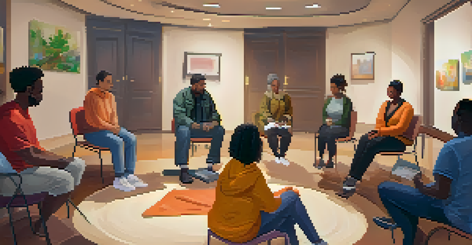Residents of various backgrounds engaged in a mental health awareness workshop in a warm and inviting indoor space.