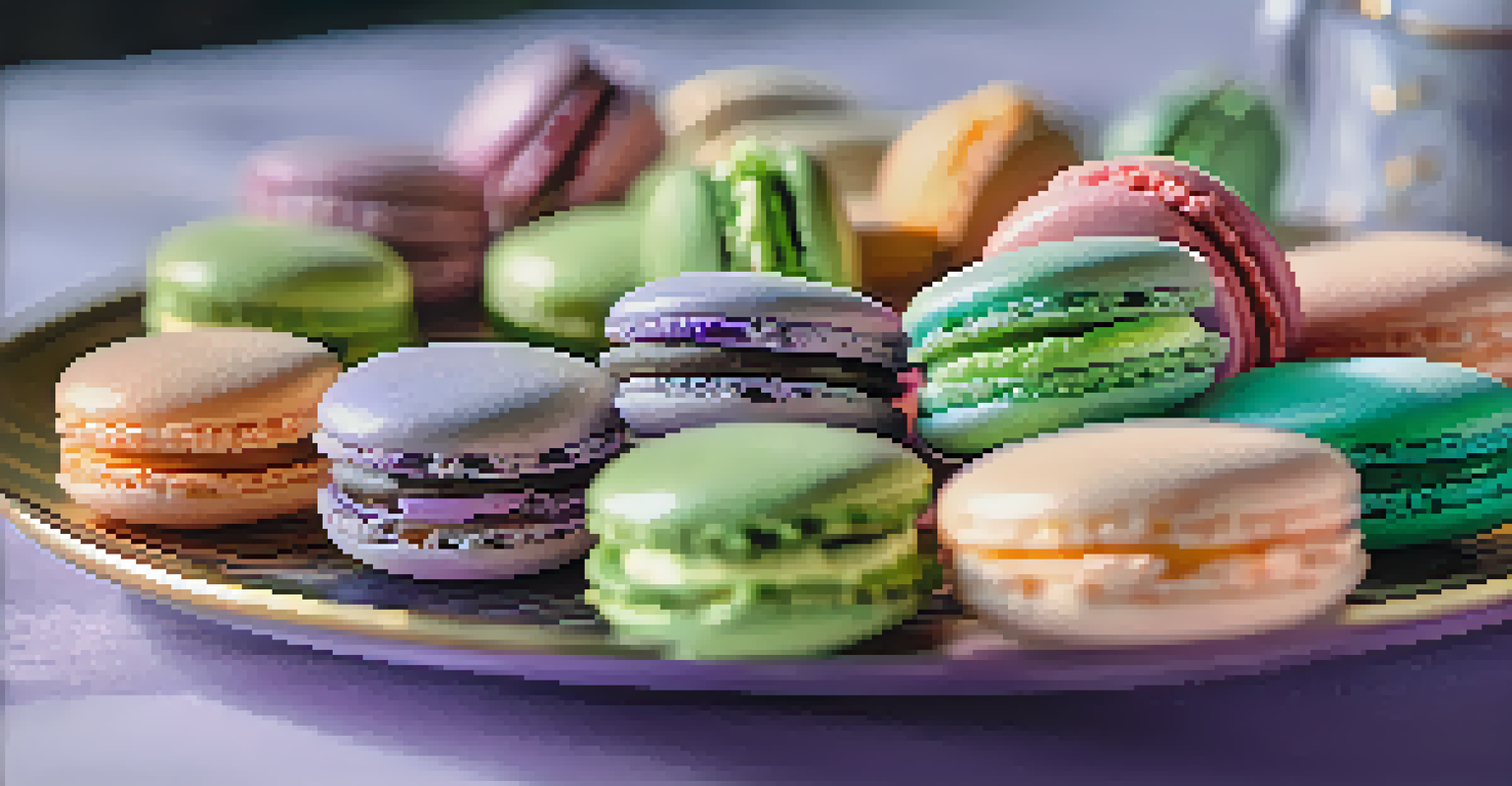 A plate of colorful macarons in various flavors, arranged artfully with a soft pastel background.