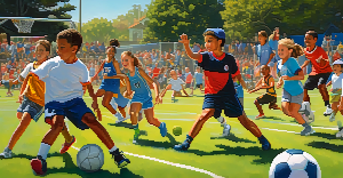 A lively community sports event with athletes playing soccer, basketball, and baseball in a sunny park filled with families and colorful banners.