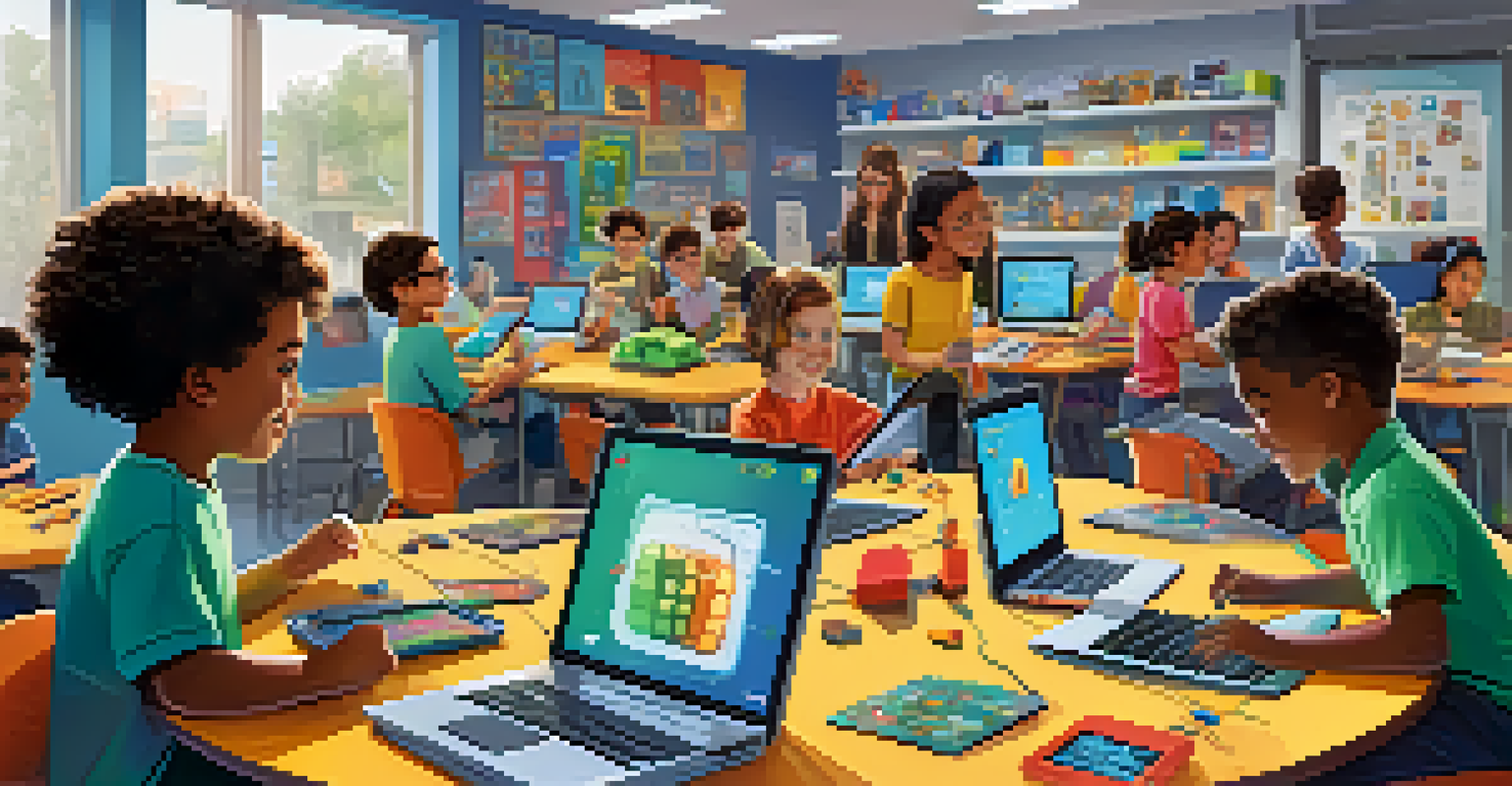 A STEM workshop with children interacting with robots and laptops, colorful decorations, and an instructor guiding them in a bright room.