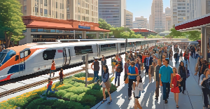 A busy Caltrain station in Redwood City filled with commuters boarding trains and buses, surrounded by modern buildings and greenery.