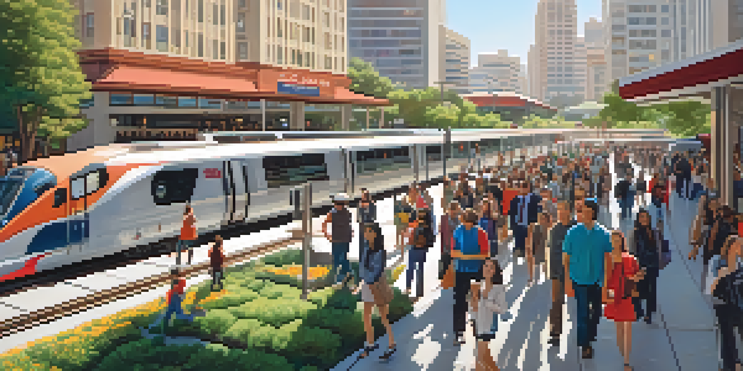 A busy Caltrain station in Redwood City filled with commuters boarding trains and buses, surrounded by modern buildings and greenery.