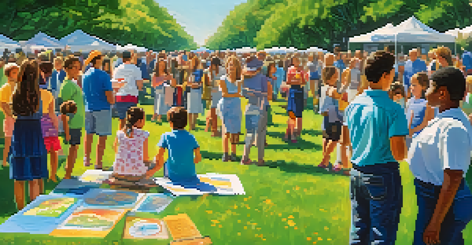 Families and community members at an outdoor event, viewing student art displays in a vibrant park setting with greenery and flowers.